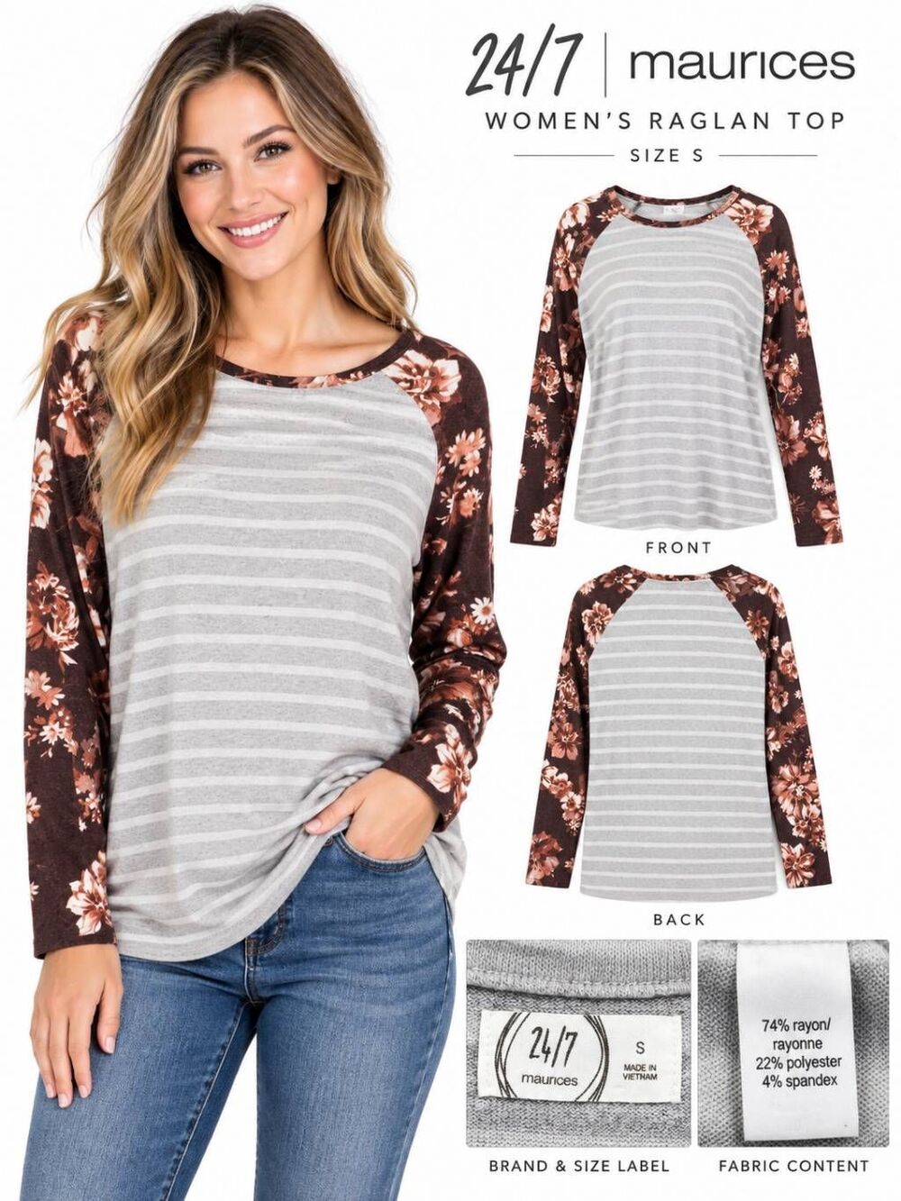 Maurices 24/7 Women's Top Small Striped Floral Raglan Sleeve Soft Stretch Knit S